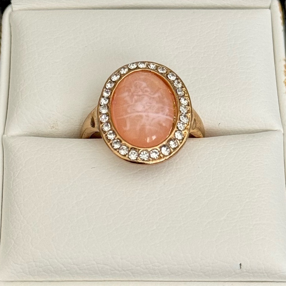 Gold Tone Oval Halo Ring with Peach Stone